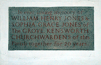 Plaque to William and Sophia Jones in Kensworth Church June 2012